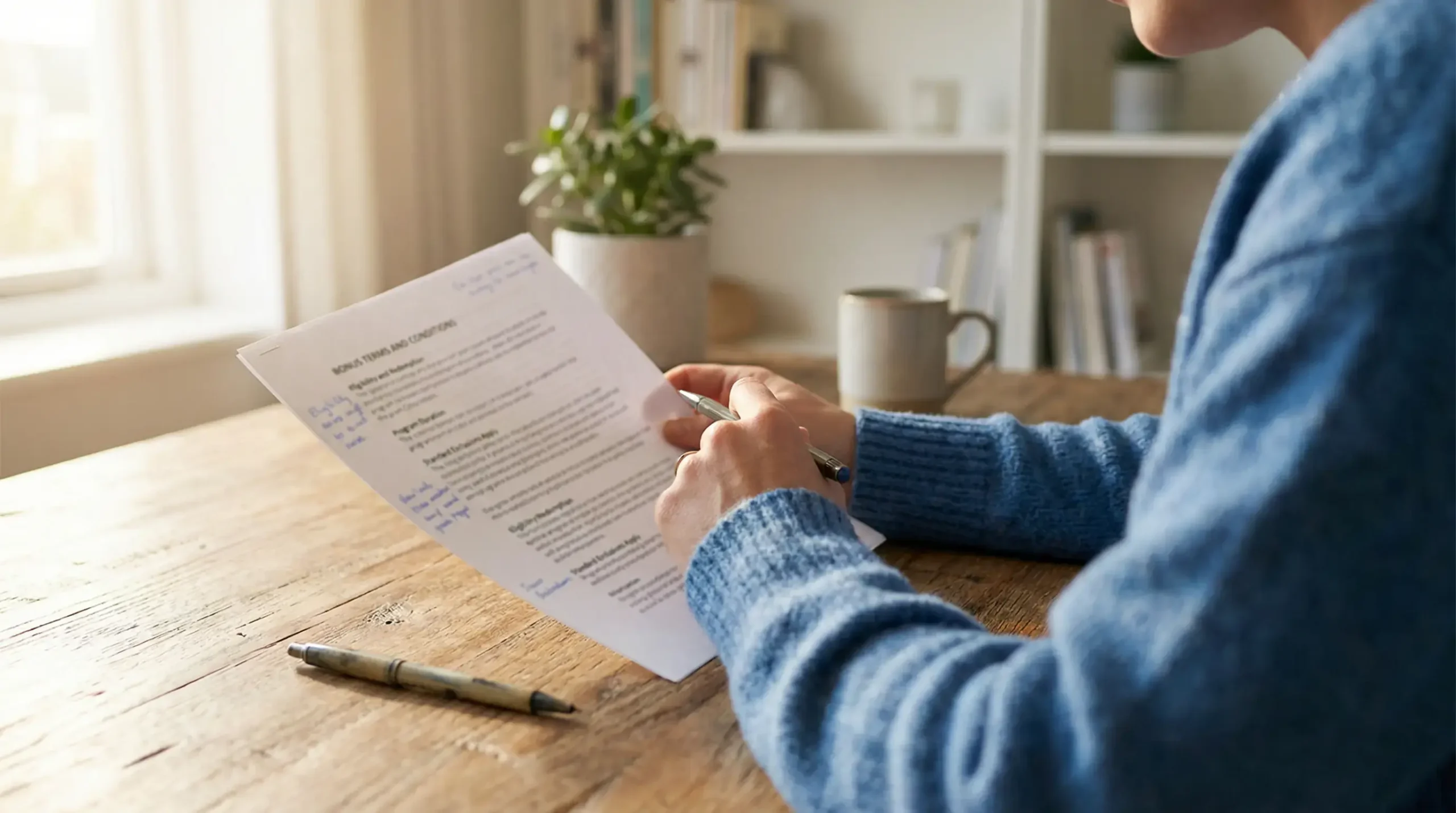 Person reviewing wagering requirements document with notes